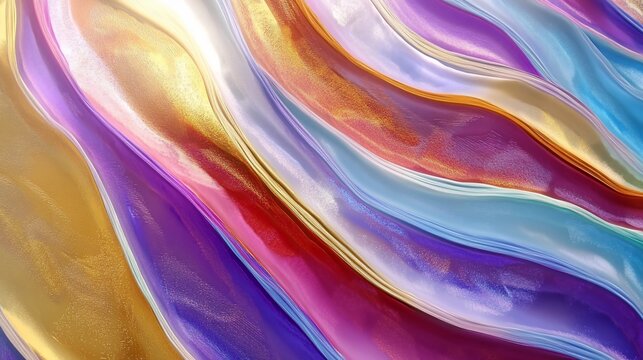 Abstract flowing design with waves in metallic gold, purple, red, pink, and blue tones