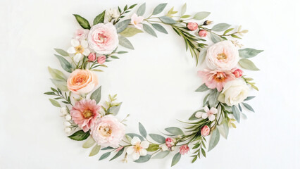 Delicate floral wreath of pastel roses and greenery on white background.