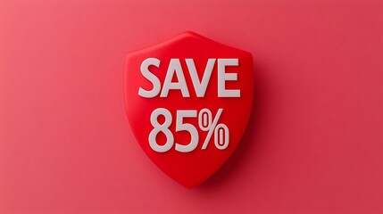 Red badge with "SAVE 85%" text, symbolizing a major discount or sale against a matching red background.