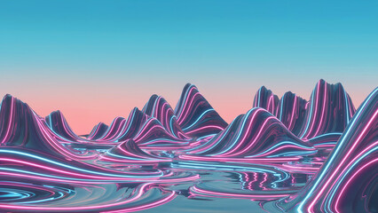 Abstract neon landscape with pink and blue glowing lines