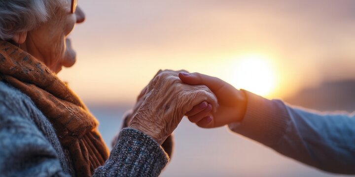Young woman holding senior woman's hand at sunset, showing compassion and care.