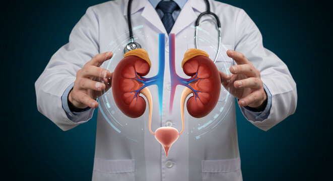 Doctor showing kidneys human anatomy urinary system renal health kidney disease medical healthcare concept