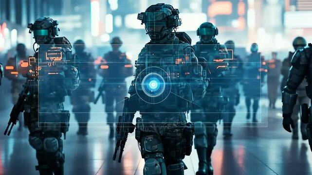Futuristic soldiers in advanced tactical gear march confidently through high-tech urban environment, showcasing cutting-edge technology and military precision in a dynamic scene. Generative 4k video.