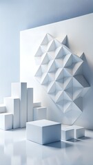 White minimalistic background with abstract 3D geometric shapes, soft shadows, clean texture, matte surface, high contrast light, paper cut style, very clean and elegant &mdash; minimal style, empty space f