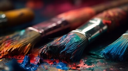 Fototapeta premium Vibrant Hues and Artistic Strokes A Close-Up of Paintbrushes