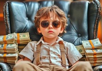 サングラスをかけた子供が札束を持ってソファに座っている
