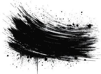 Curved Grunge Brush Stroke with Ink Splatters – Abstract Black Paint Texture