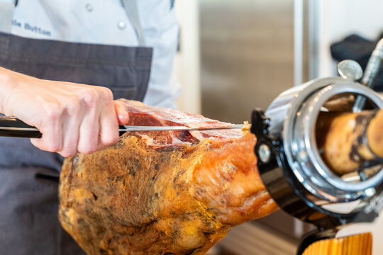 Jamon Serrano, spanish ham leg in holder 