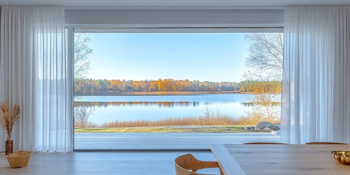 Scenic modern lakeside dining room interior design with expansive panoramic windows showcasing breathtaking waterfront views for architecture and real estate marketing presentations