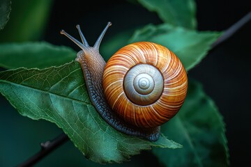 Snail with spiral shell resting on green leaf in nature macro