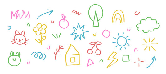 Colorful of set Children cartoon icon doodle style. Collection outline scribble, cloud, house, fruit, animal