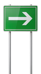 A clear green directional sign indicating right turn, mounted on two silver poles, ideal for traffic guidance and road safety.