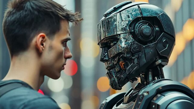 Young man gazes intently at a futuristic humanoid robot with intricate metallic features, set against a blurred urban backdrop, exploring themes of technology and humanity. Generative 4k video.