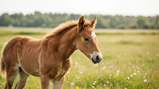 Cute brown foal standing in a sunlit field of green grass and colorful wildflowers. Young horse in a pastoral spring setting.