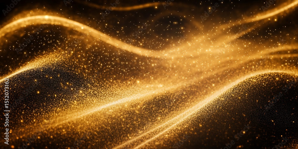 Poster gold color digital particles wave flow or diffuse by the wind of the sand. abstract technology backg