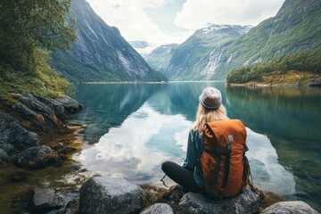 Backpacking girl resting by tranquil fjord in nature