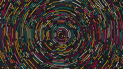Creative artistic dynamic circular pattern with vibrant colorful stripes and dots on dark background. Abstract digital vector illustration with colorful strokes arranged concentric circles and waves