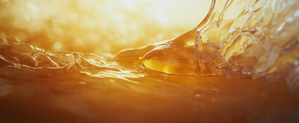 A close-up of honey being poured into water, showcasing the rich golden color and texture of...