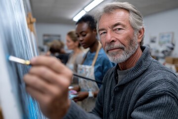 An older man passionately paints in a creative studio, surrounded by young artists, showcasing the beauty of art and the process of self-expression through painting.