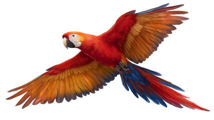 Fototapeta premium A macaw flying isolated on transparent background, real photo, stock photography, high resolution