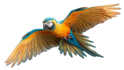 Fototapeta premium A macaw parrot flying isolated on transparent background, real photo, stock photography, high resolution