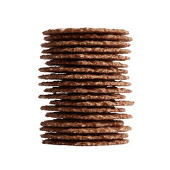 A stack of crispy chocolate cookies isolated on a white background, showcasing their delicious texture and appealing design.