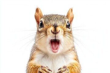 A Close-Up Portrait of an Adult Eastern Gray Squirrel with an Open Mouth, Expressing Surprise Against a White Background