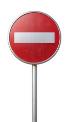 A striking red no entry sign on a silver pole, symbolizing prohibition. The clear white bar stands out sharply against the vibrant red background, conveying a strong message.