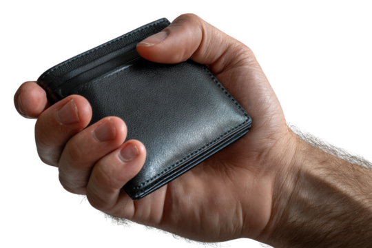 Wallet in Hand: A close-up shot of a hand firmly gripping a sleek, black wallet, symbolizing financial security and personal organization.