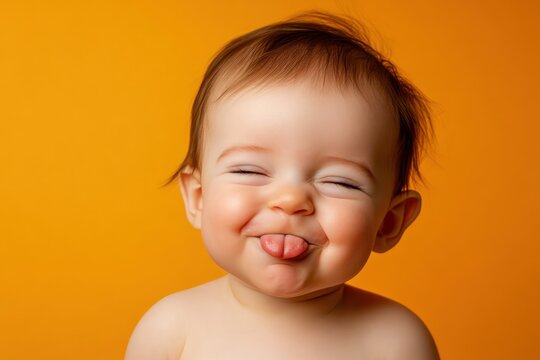 Cheerful baby making silly face with tongue out and wink