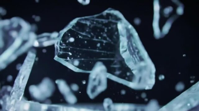 Slow motion splintering glass pieces floating against a dark black background p2