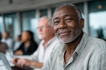 Fototapeta premium A confident older man with a warm smile attends a business conference, showcasing positive emotions and wisdom amidst a backdrop of focused colleagues engaged in work.