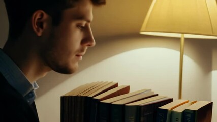Young bearded man in casual shirt sits at wooden table reading thick ancient book under warm yellow desk lamp light showing intense concentration and scholarly focus in cozy study environment