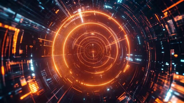 A computer generated image of a glowing orange circle. The circle is surrounded by a dark blue background. The image has a futuristic and technological feel to it