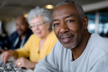 A smiling middle-aged man in a casual gray sweater sits at a table, surrounded by others, representing community connection and the enjoyment of shared activities.