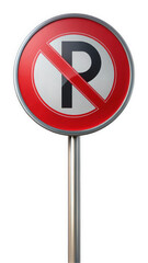 A vibrant no parking sign featuring a bold black 'P' crossed out in red circle, mounted on a sleek silver pole, indicating strict parking regulations.