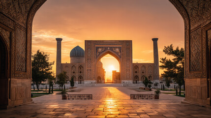 Ancient Islamic Architecture Glowing at Sunrise in Historic Square