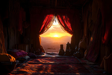 Desert Sunrise View Through Red Curtains in Tent Interior