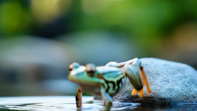 A frog is sitting on a rock in a pond. The frog is green and brown. The pond is calm and peaceful