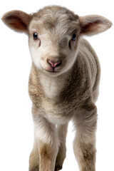 Fototapeta premium Fluffy Lamb: This adorable lamb, captured with photorealistic precision, stands facing the viewer, presenting a tender and innocent gaze.