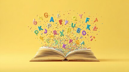 Open book with colorful alphabet letters flying out on yellow background symbolizing learning and creativity