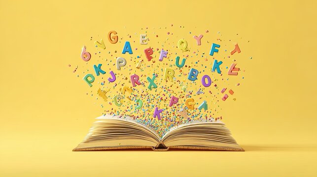 Open book with colorful alphabet letters flying out on yellow background symbolizing learning and creativity