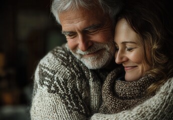 A Heartwarming Embrace Between a Senior Man and a Middle-Aged Woman with Gray Hair in Cozy Knitted Sweaters in a Softly Lit Indoor Setting