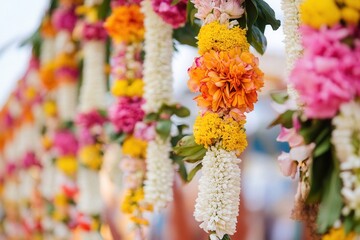 Colorful flower garlands in honor of Indian festival for offering or decoration of temple with deity Saraswati, Lakshmi or Shiva	
