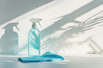 Minimalist cleaning spray bottle with cloth on white background