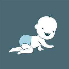 Minimalistic image of a cheerful, happy baby in a diaper crawling on all fours. Early Development.