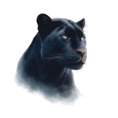 A striking portrait of a black panther, showcasing its powerful features and intense gaze against a white background.