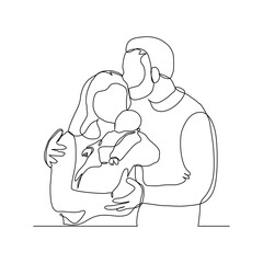 Continuous single line drawing of happy family couple dad and mom with baby kids newborn toddler. Vector illustration sketch editable stroke