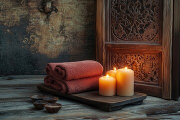 A Cozy Spa Setting Featuring Soft Towels, Illuminated Candles, and Intricate Wooden Decor Enhancing Relaxation and Serenity in an Inviting Space