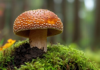 Close-Up of a Vibrant Orange Mushroom Emerged from Lush Green Moss in a Serene Forest Setting, Capturing the Beauty of Nature's Fungi